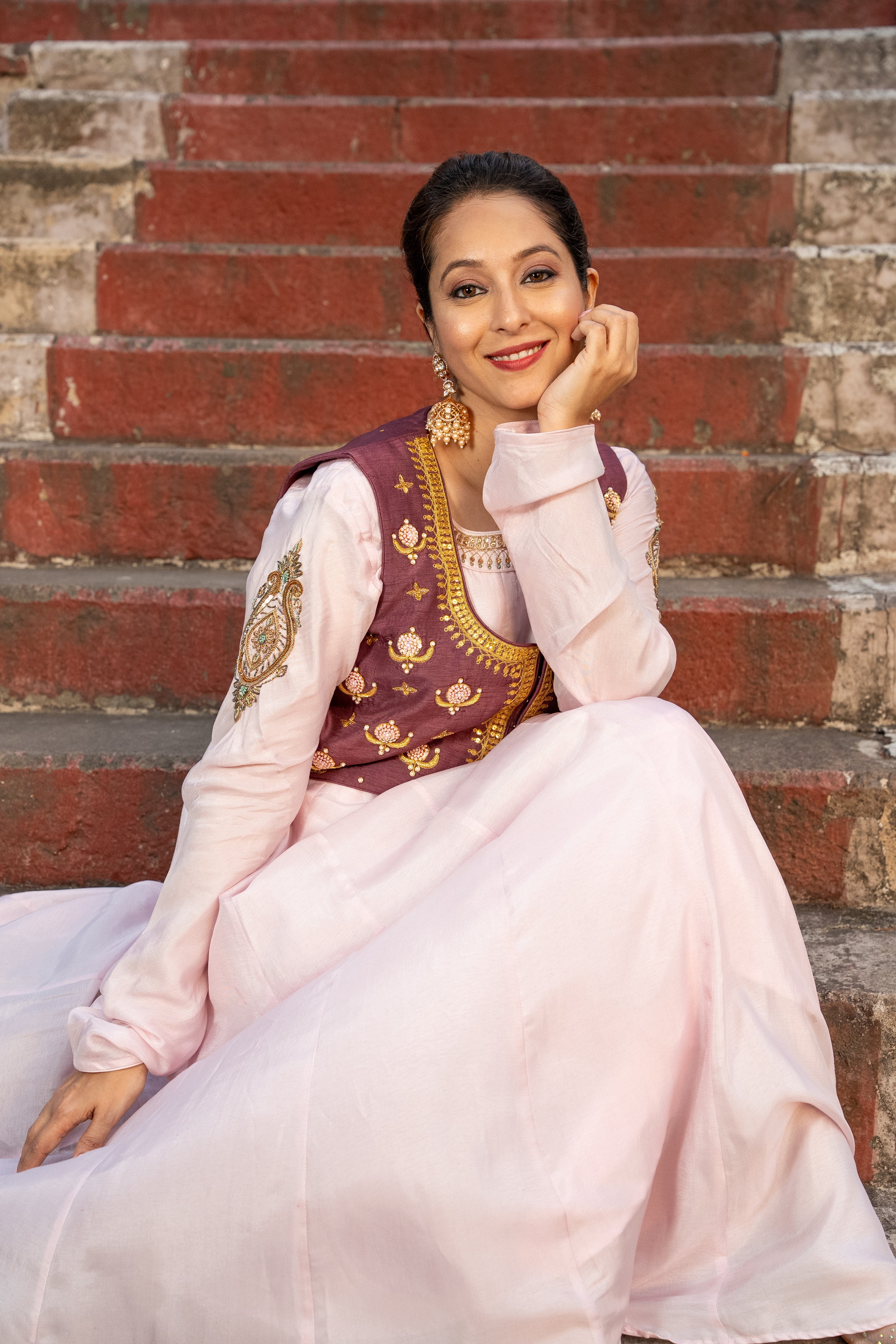 Blush Pink Anarkali gown with jacket set