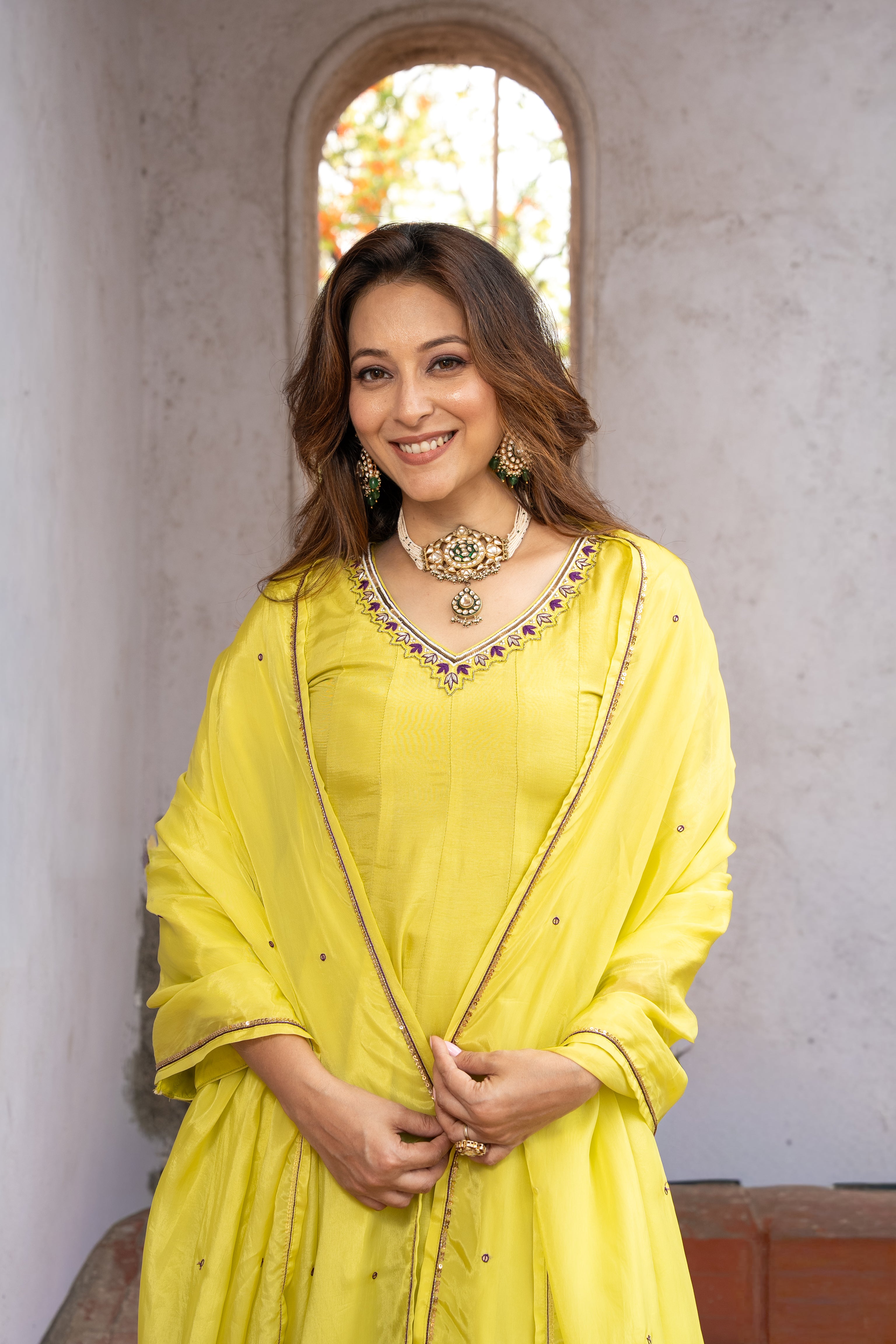 Green Anarkali Suit set with Handwork Motifs