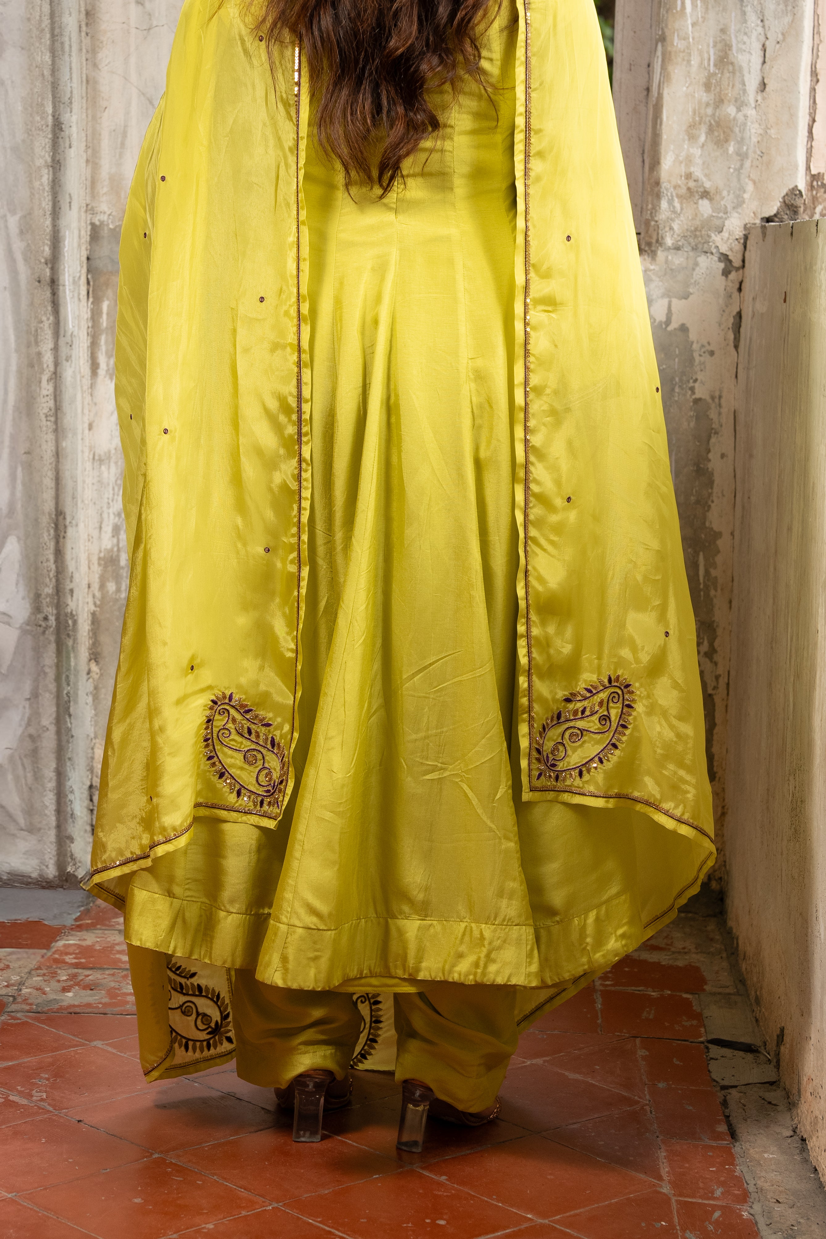 Green Anarkali Suit set with Handwork Motifs