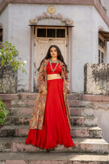 Red Paisley Printed long blazer with Skirt and Blouse