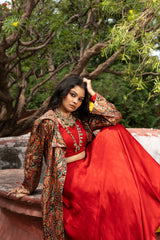 Red Paisley Printed long blazer with Skirt and Blouse