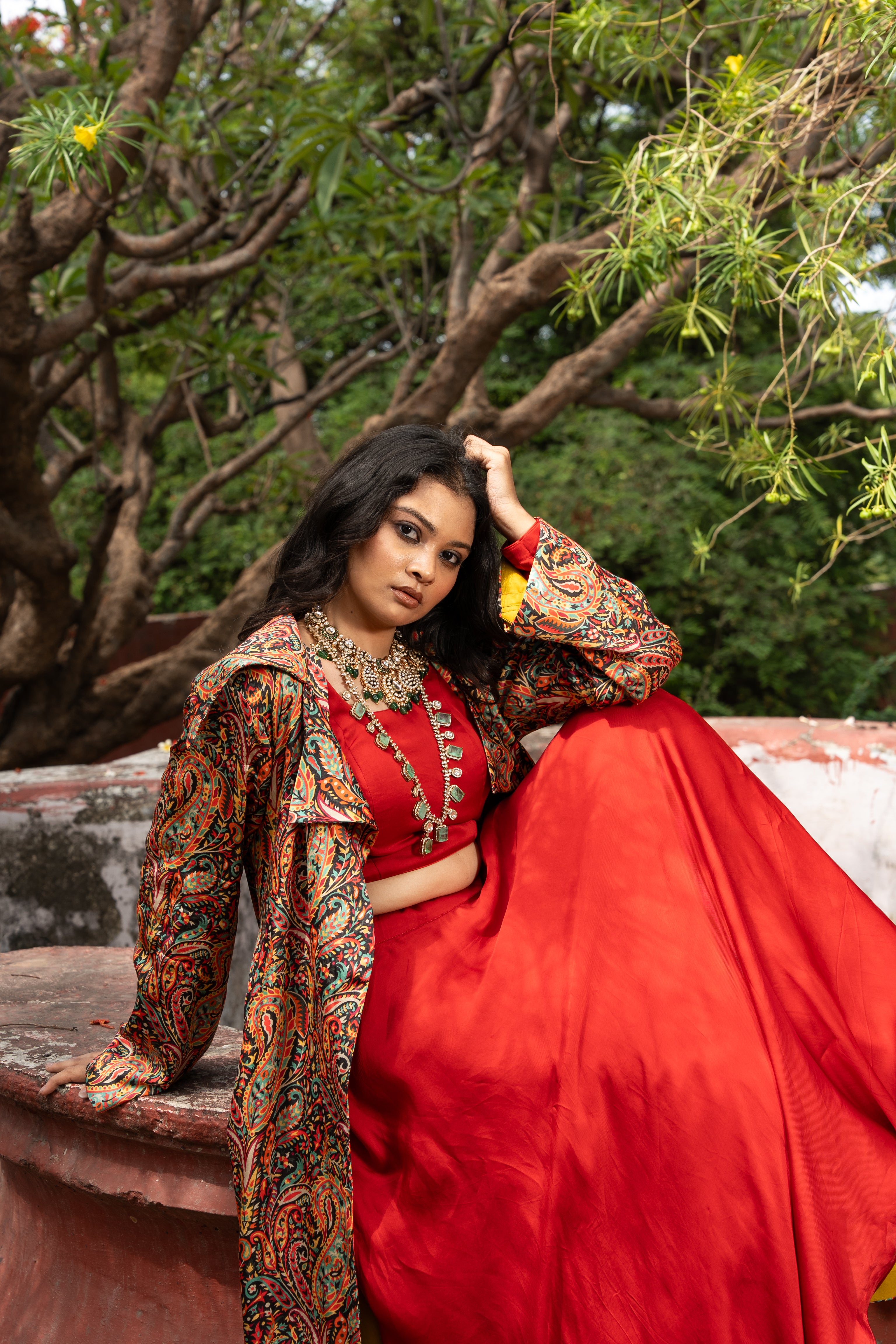 Red Paisley Printed long blazer with Skirt and Blouse
