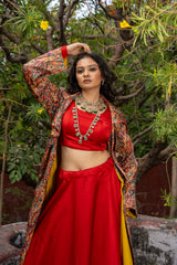Red Paisley Printed long blazer with Skirt and Blouse