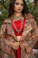 Red Paisley Printed long blazer with Skirt and Blouse