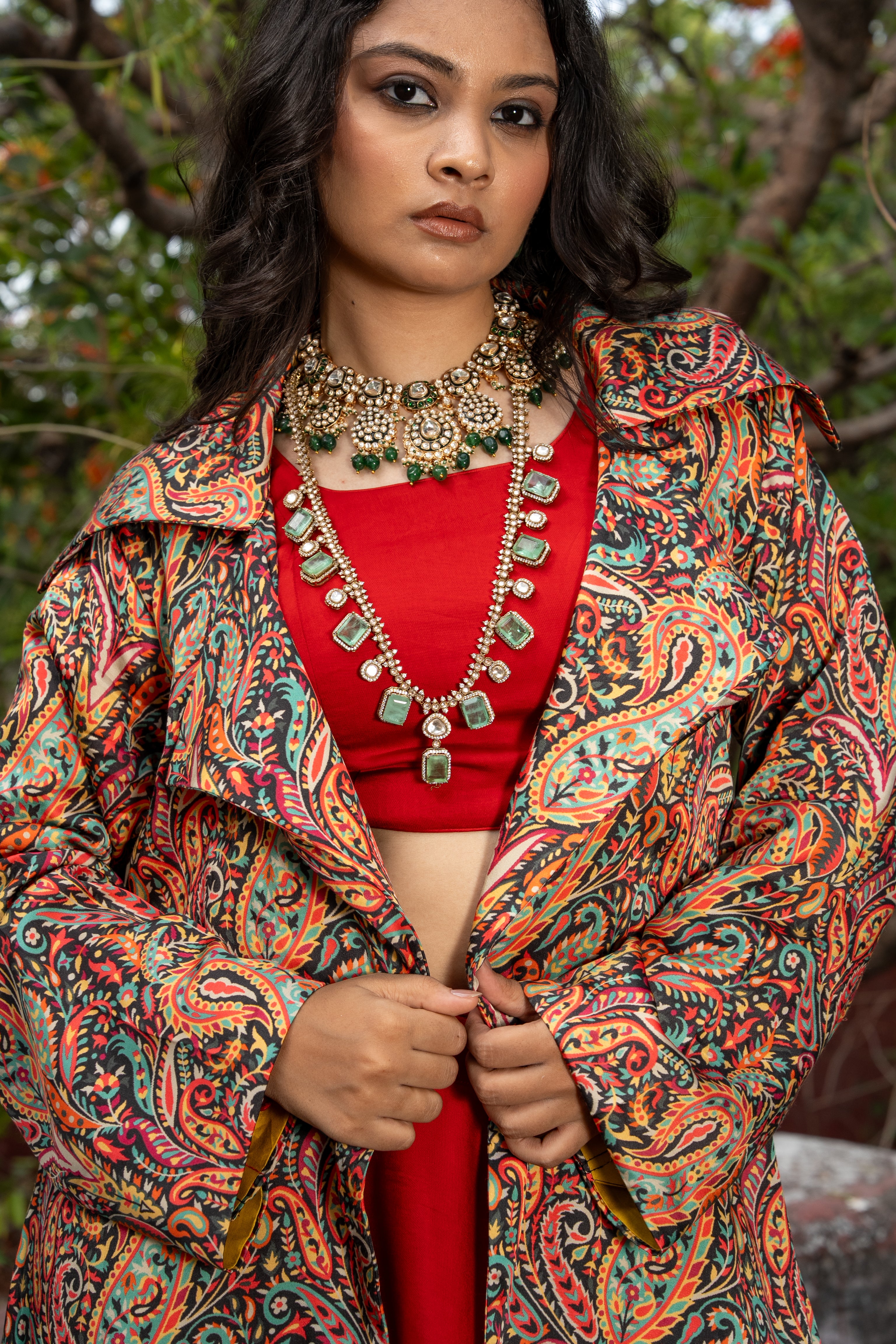 Red Paisley Printed long blazer with Skirt and Blouse