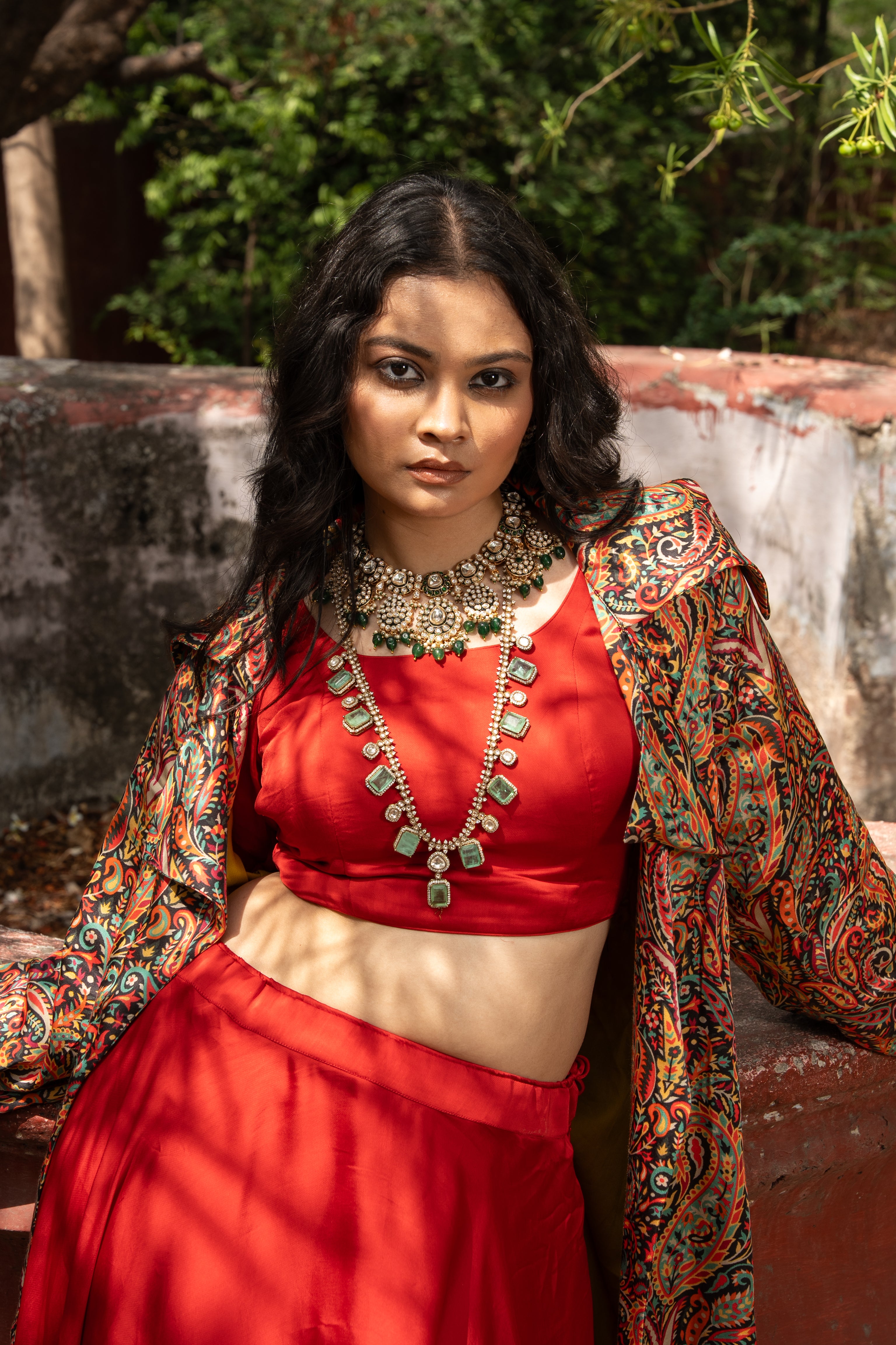 Red Paisley Printed long blazer with Skirt and Blouse