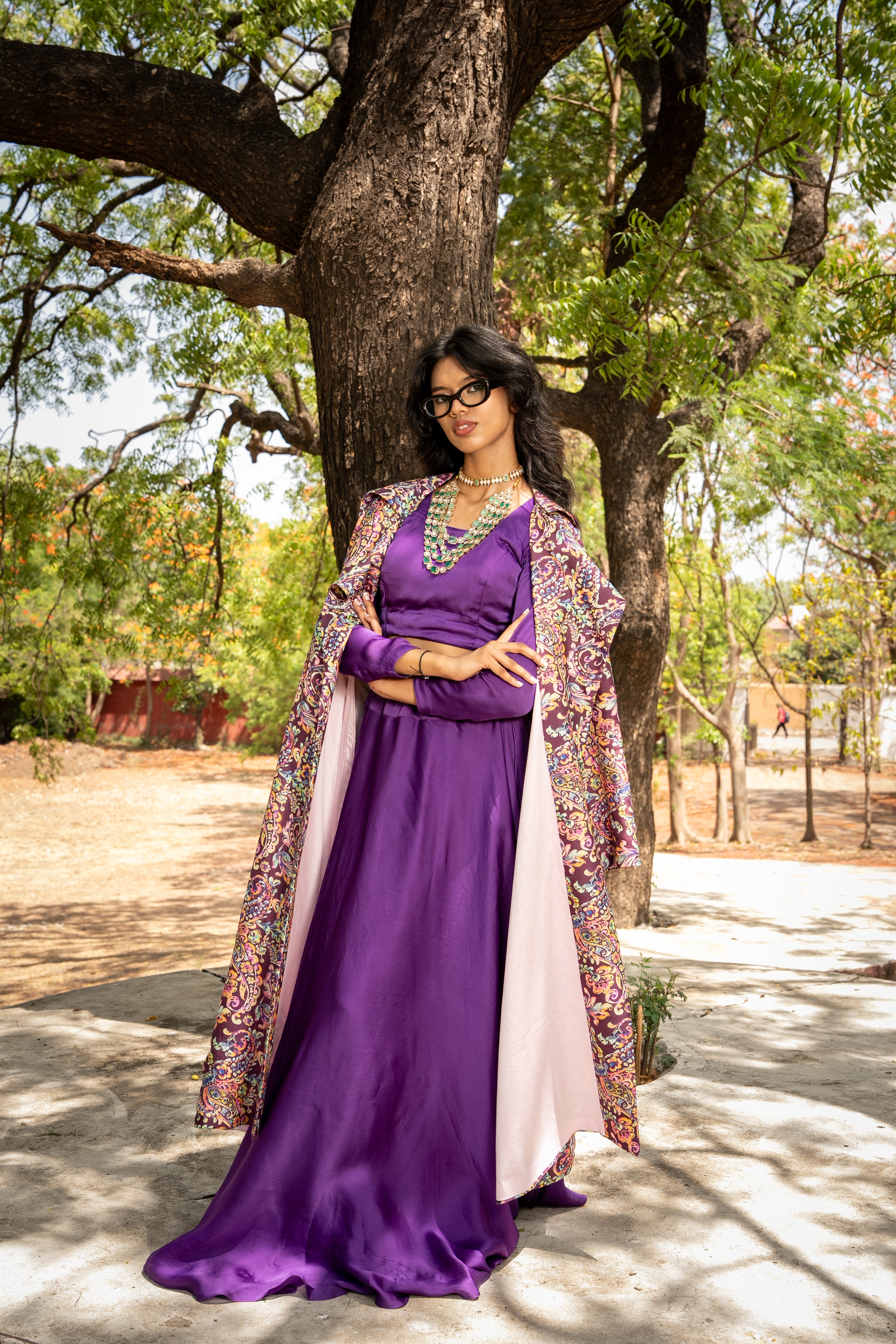 Paisley Printed long blazer with Skirt and Blouse