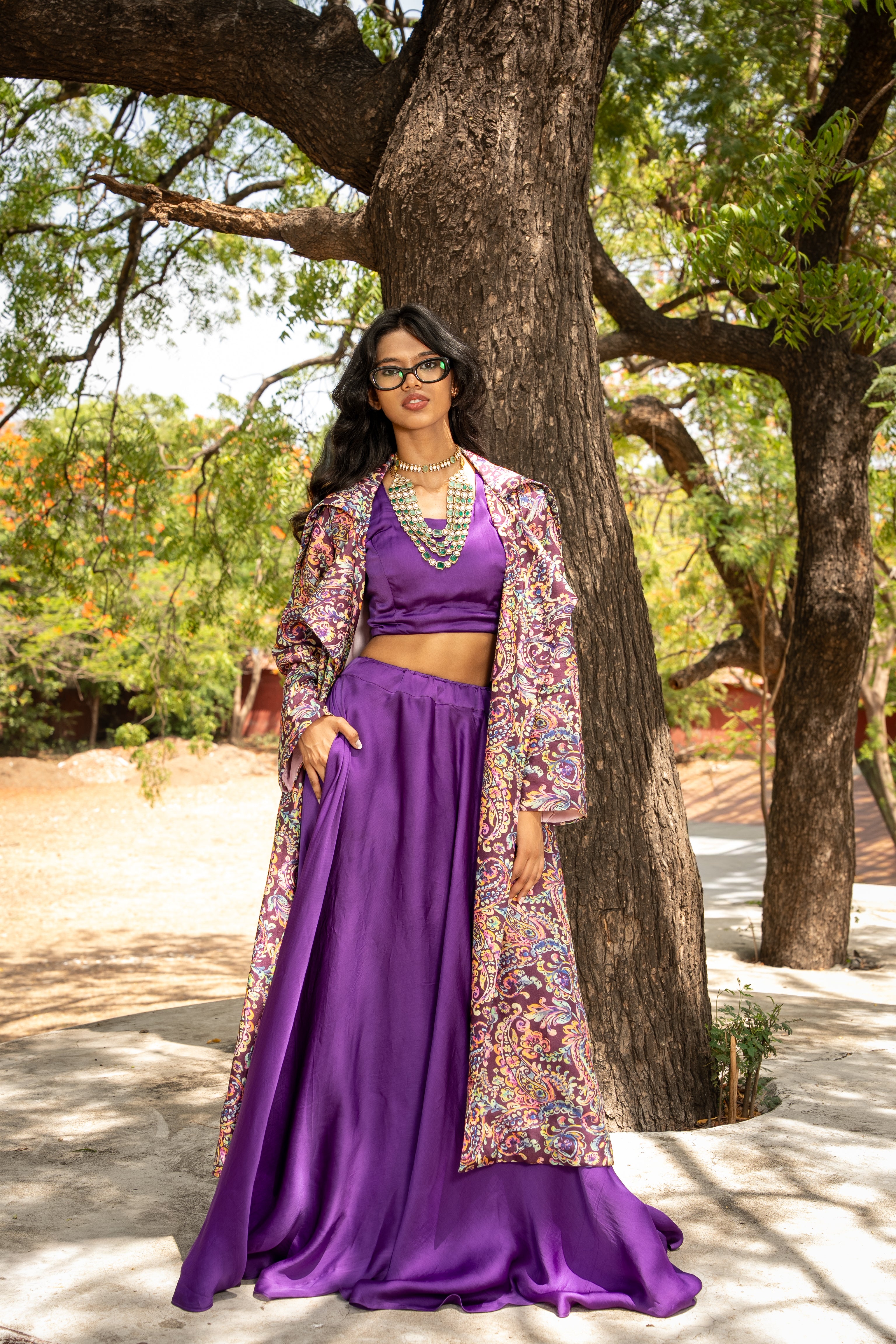 Paisley Printed long blazer with Skirt and Blouse