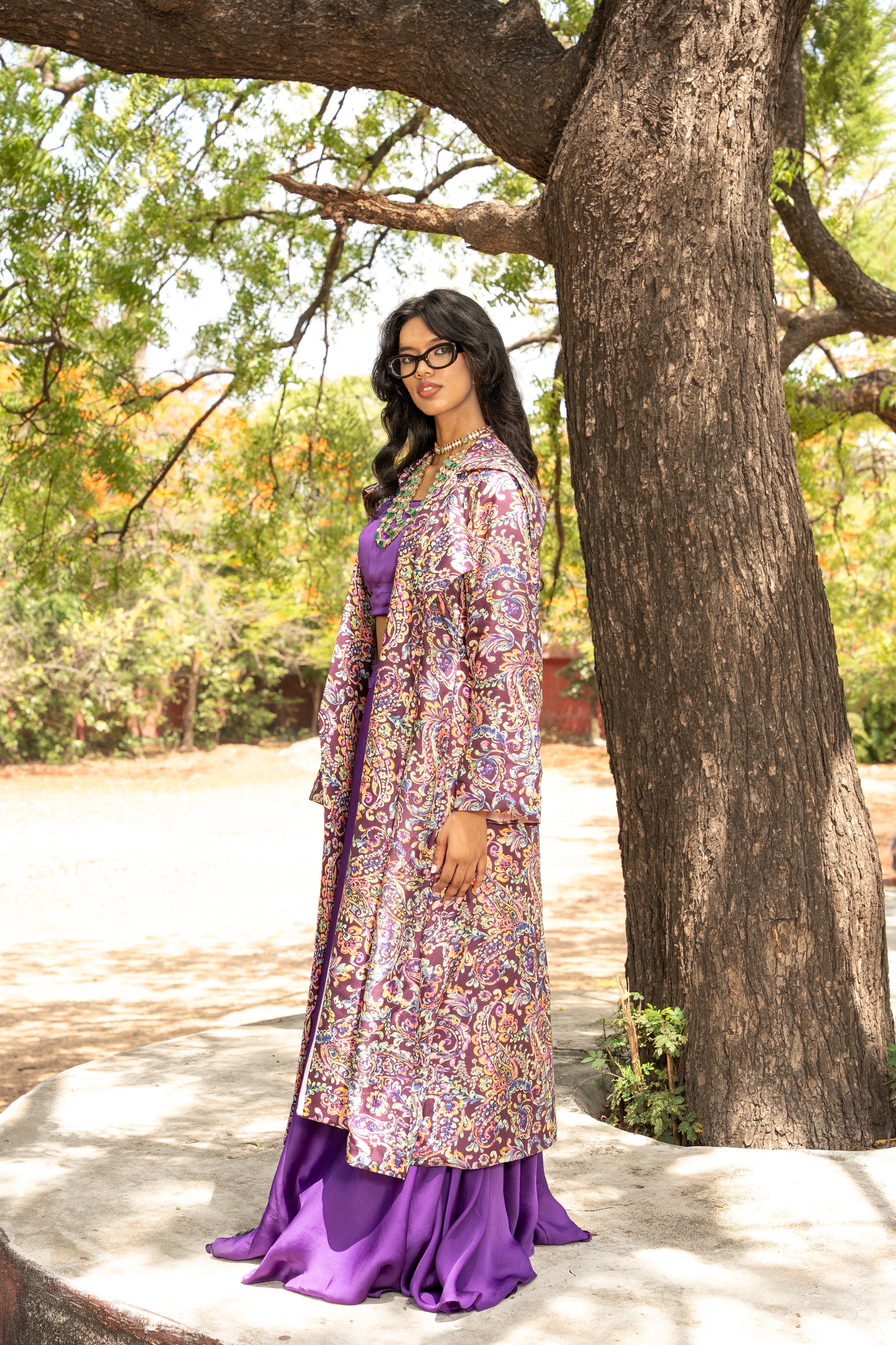 Paisley Printed long blazer with Skirt and Blouse