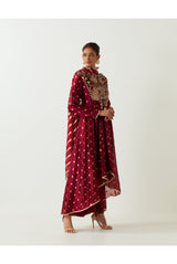 MAROON EMBROIDERED ANARKALI AND CHURIDAR WITH ORGANZA DUPATTA