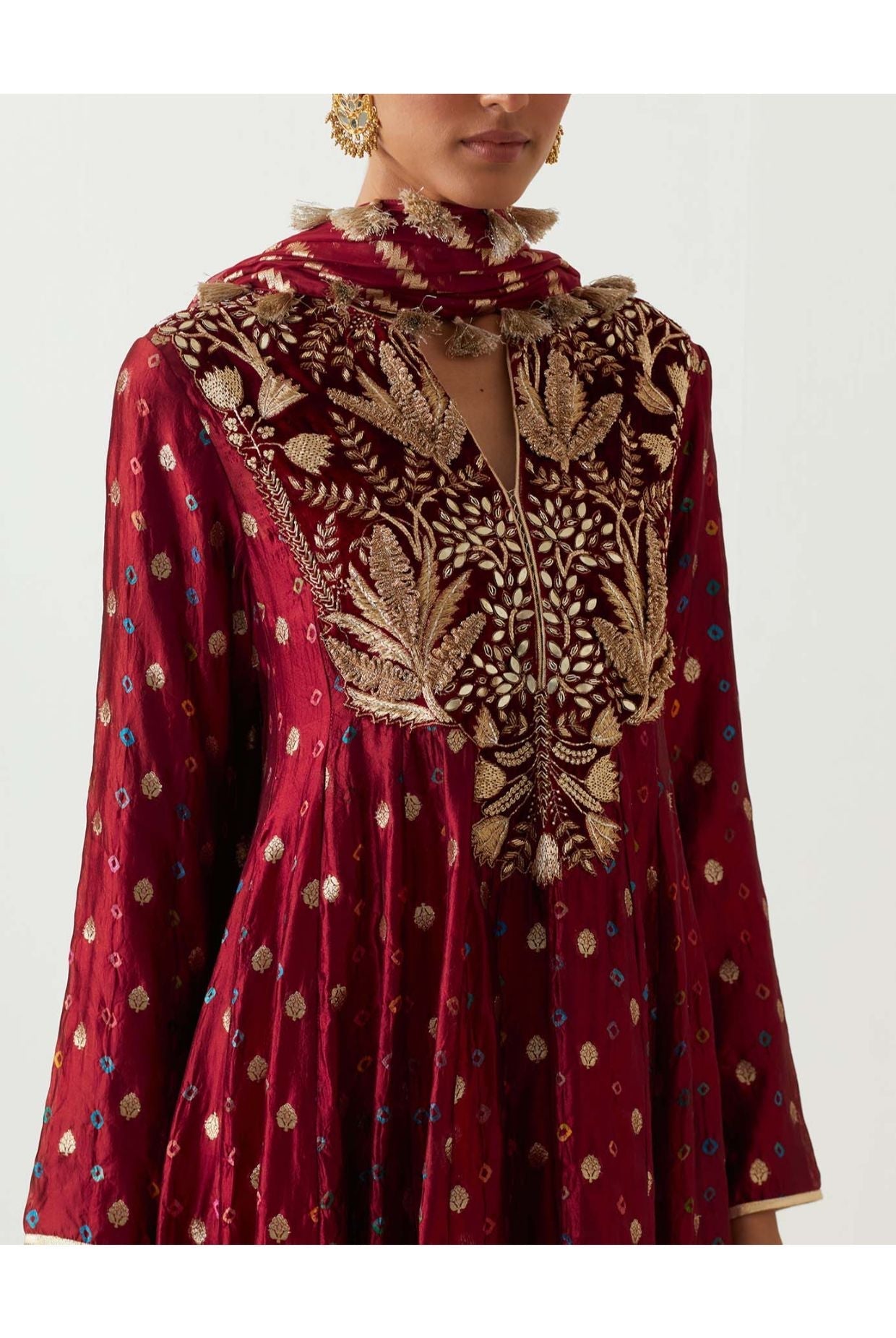 MAROON EMBROIDERED ANARKALI AND CHURIDAR WITH ORGANZA DUPATTA