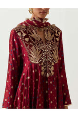 MAROON EMBROIDERED ANARKALI AND CHURIDAR WITH ORGANZA DUPATTA