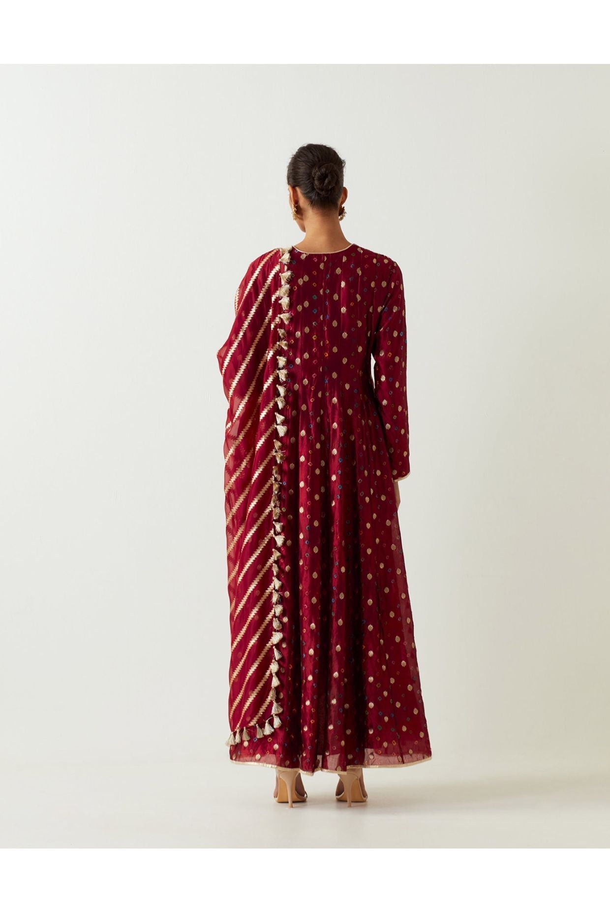 MAROON EMBROIDERED ANARKALI AND CHURIDAR WITH ORGANZA DUPATTA