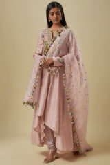 Onion Pink Embroidered High Low Mukaish Silkmul Anarkali With Soft Net Churidar And Ogrnaza Dupatta.