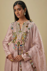 Onion Pink Embroidered High Low Mukaish Silkmul Anarkali With Soft Net Churidar And Ogrnaza Dupatta.
