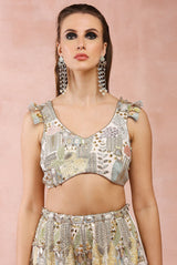 Off white applique embroidered choli with sharara and dupatta