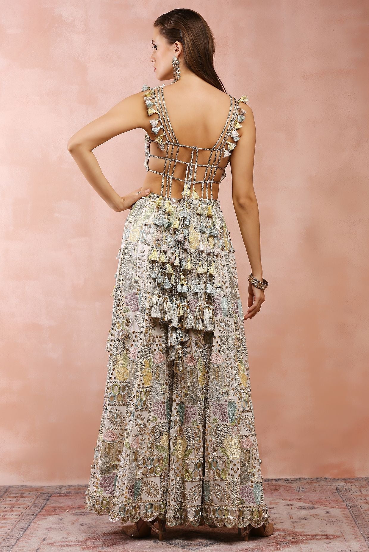 Off white applique embroidered choli with sharara and dupatta