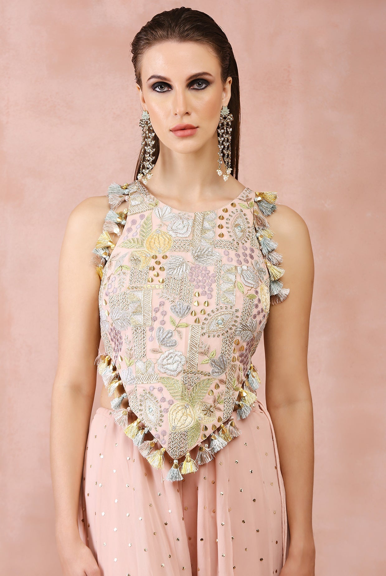 ROSE PINK APPLIQUE EMBROIDERED CHOLI WITH SHARARA
