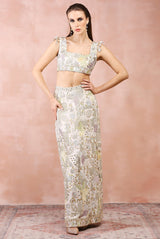OFF WHITE APPLIQUE EMBROIDERED CHOLI AND SKIRT