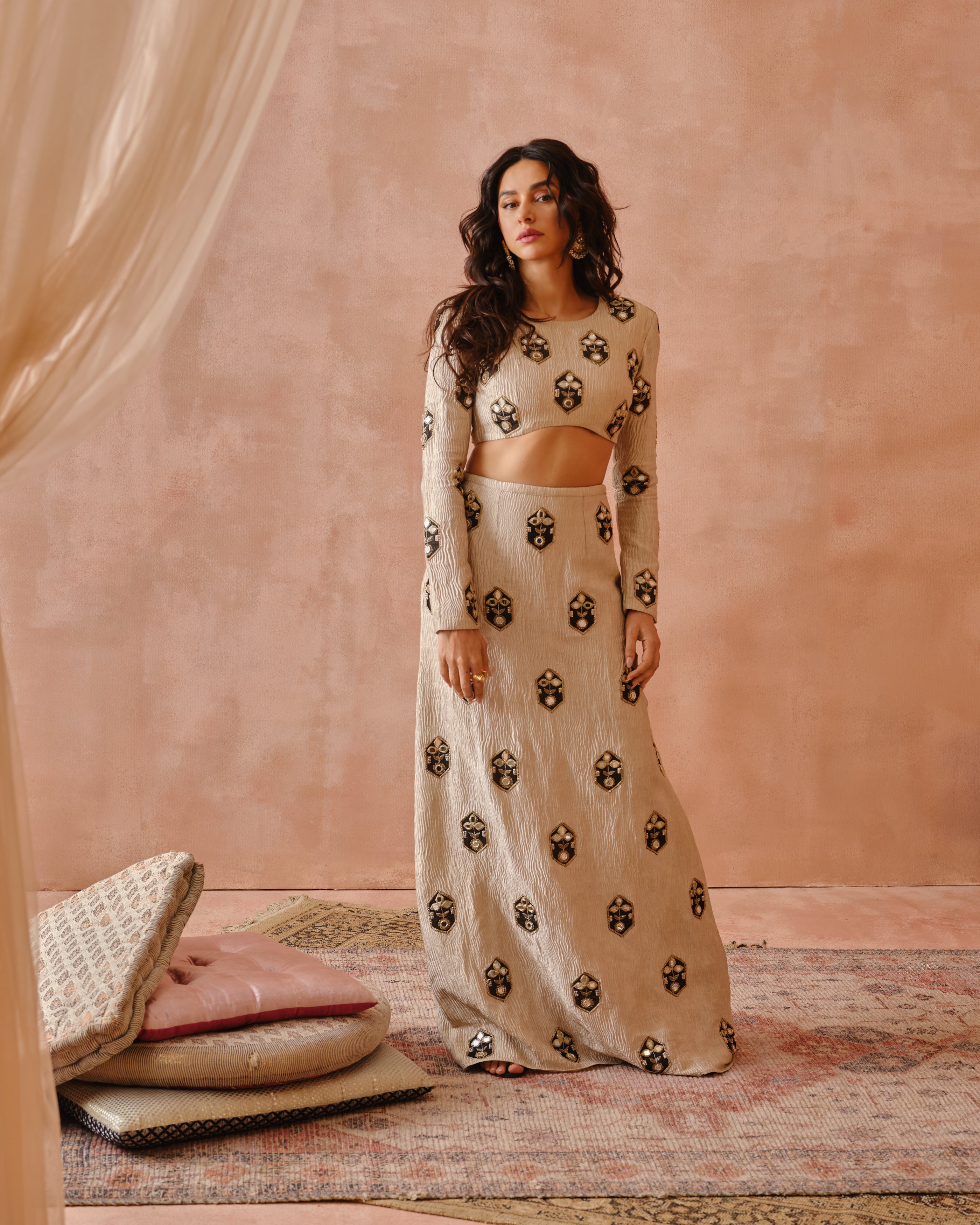 DULL GOLD EMBROIDERED CHOLI AND SKIRT WITH APPLIQUE AND ZARDOSI WORK