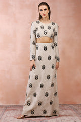 DULL GOLD EMBROIDERED CHOLI AND SKIRT WITH APPLIQUE AND ZARDOSI WORK