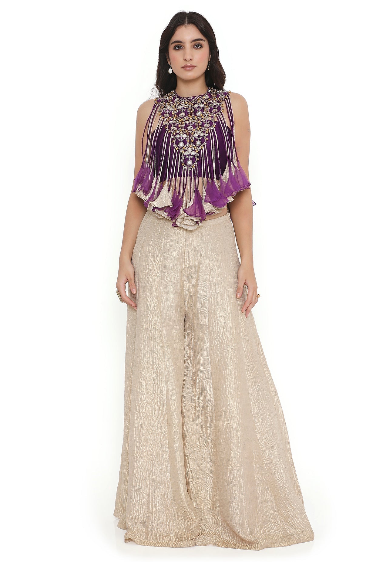 Purple Embroidered Bib With Bustier And Sharara
