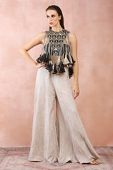 Black embroidered yoke with bustier and dull gold sharara
