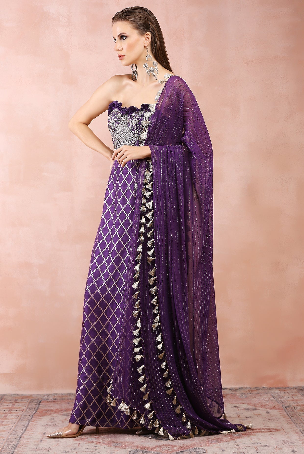 Purple embroidered corset bustier with chex skirt and dupatta