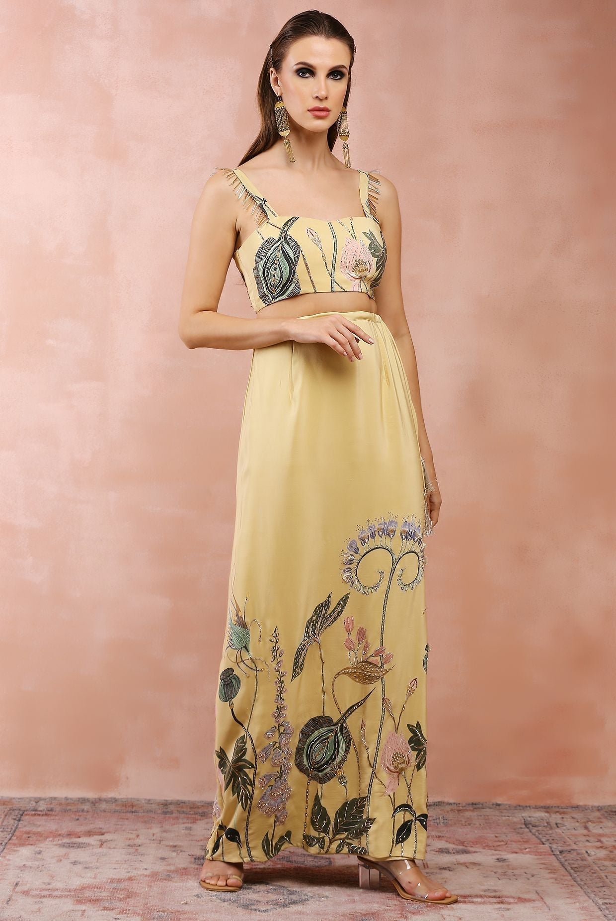 Yellow niloufar print embroidered bustier with skirt