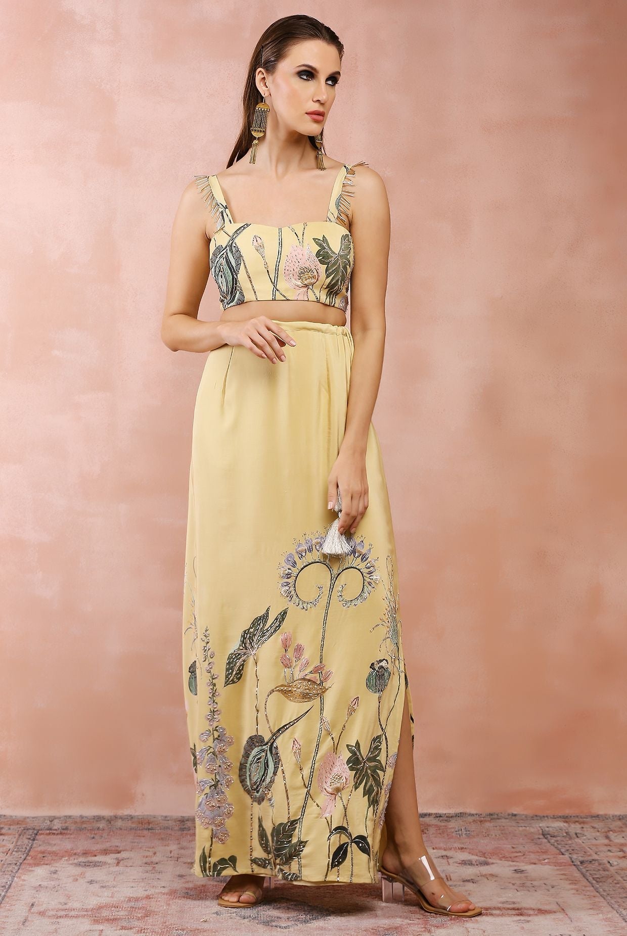Yellow niloufar print embroidered bustier with skirt