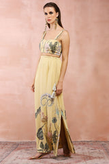 Yellow niloufar print embroidered bustier with skirt