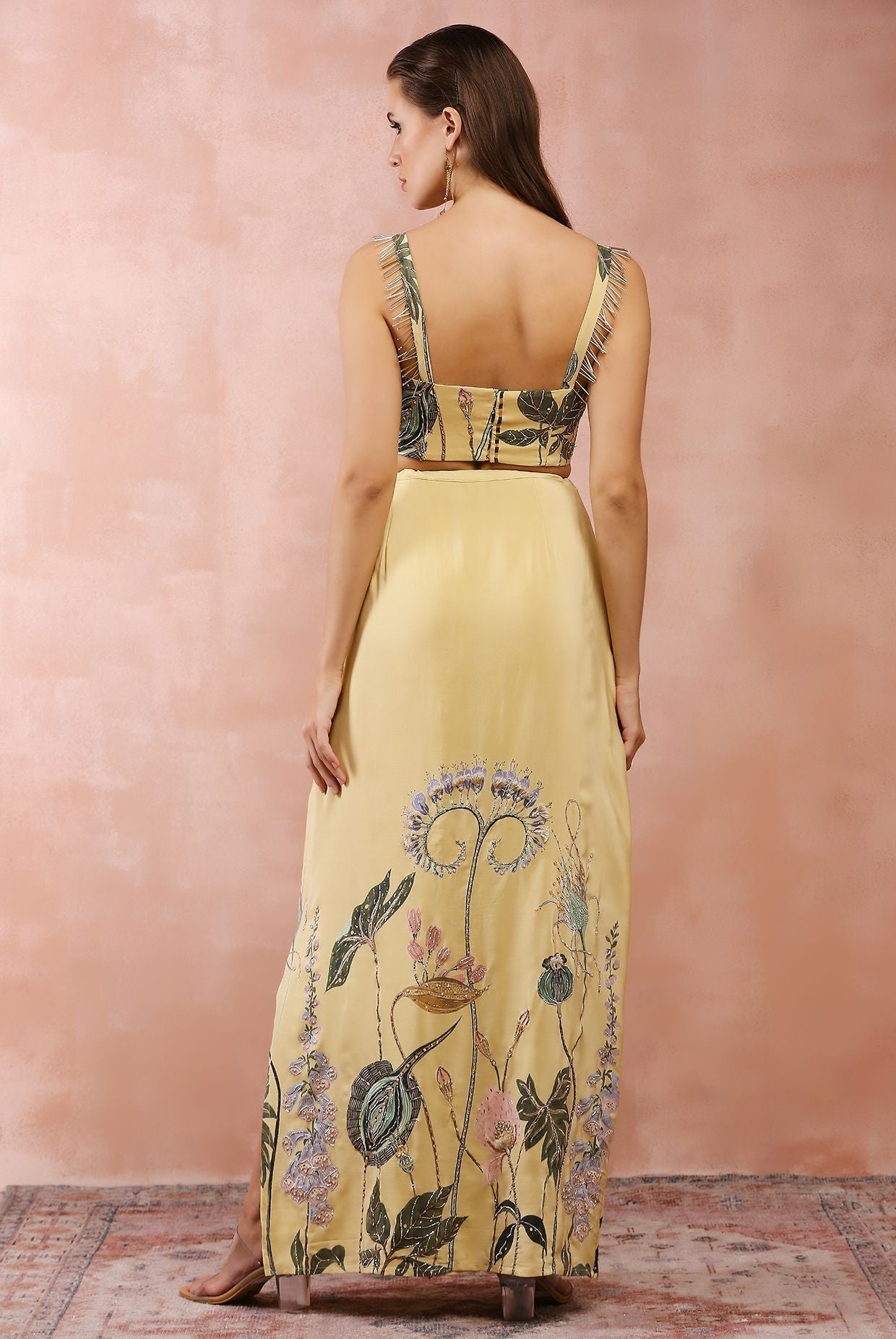 Yellow niloufar print embroidered bustier with skirt