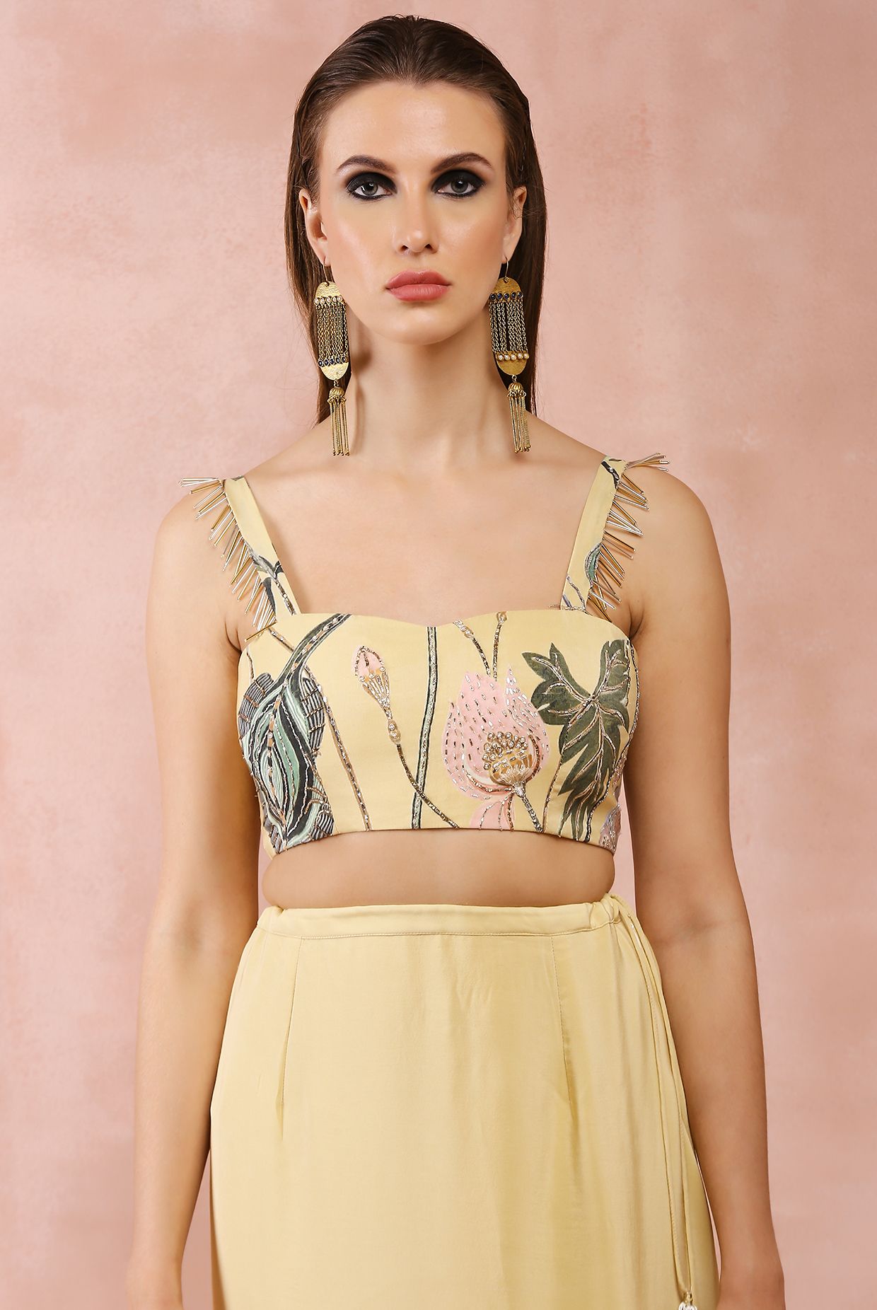 Yellow niloufar print embroidered bustier with skirt