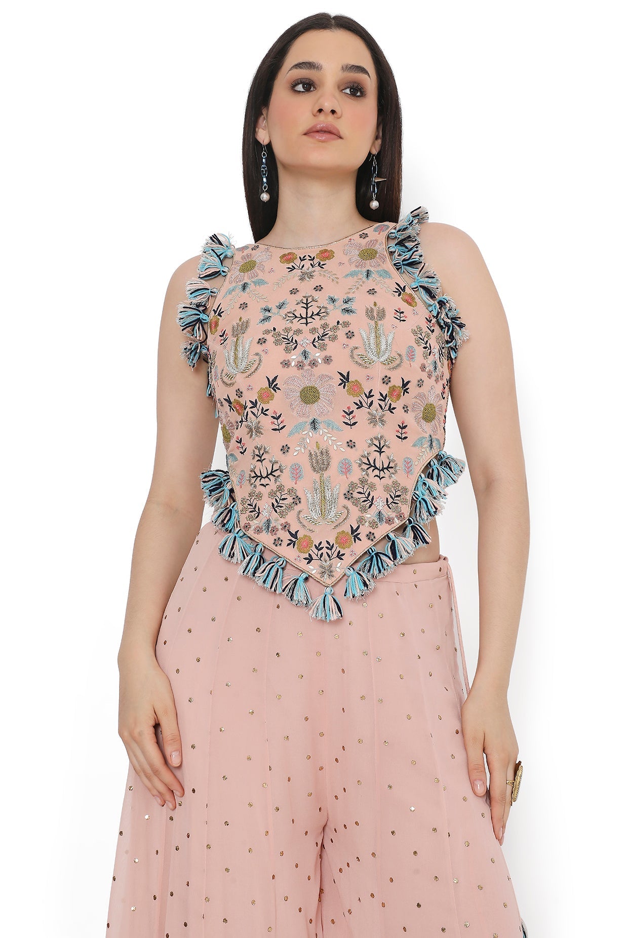 Rose Pink Embroidered Back Tie-Up Choli With Sharara