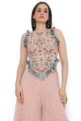 Rose Pink Embroidered Back Tie-Up Choli With Sharara