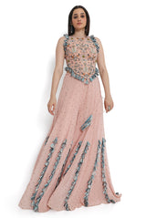 Rose Pink Embroidered Back Tie-Up Choli With Sharara