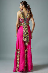 Hot Pink Embroidered Back Tie-Up Choli With Sharara