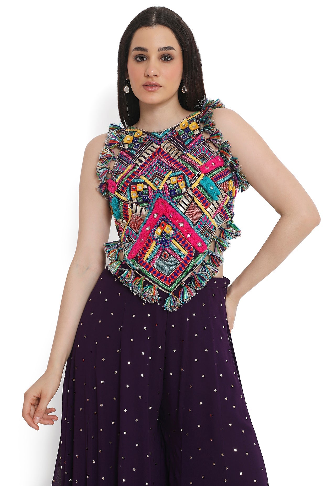 Purple Embroidered Back Tie-Up Choli With Sharara