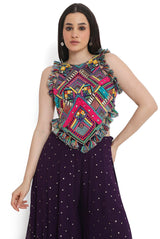 Purple Embroidered Back Tie-Up Choli With Sharara