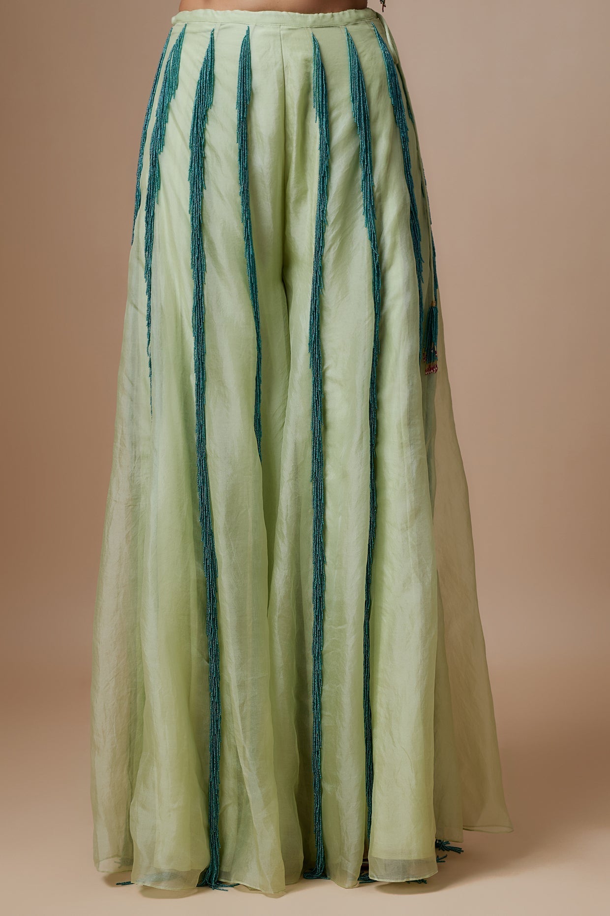 Mint Embroidered Bustier With Back Tie-Up And Organza Sharara