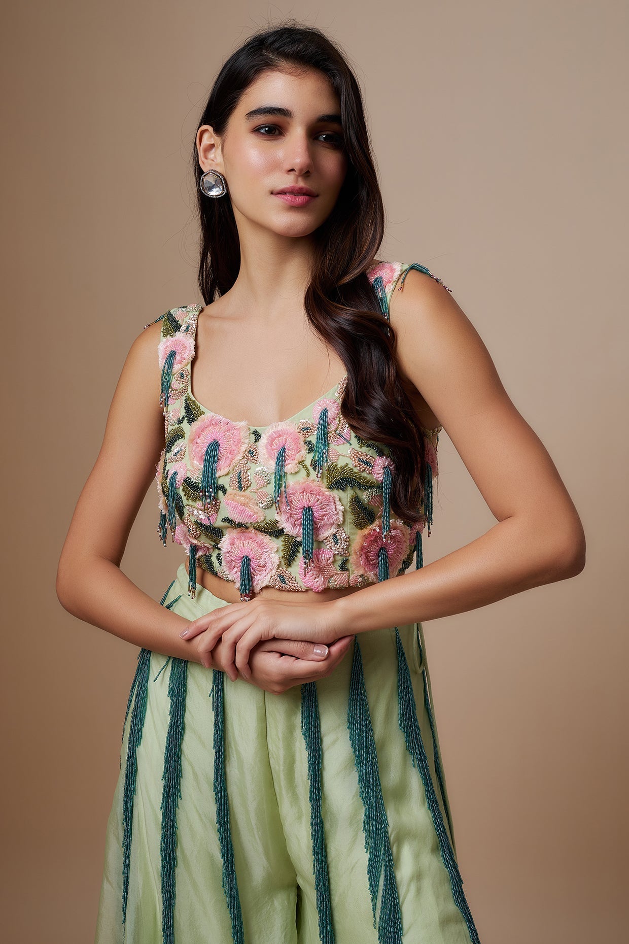 Mint Embroidered Bustier With Back Tie-Up And Organza Sharara