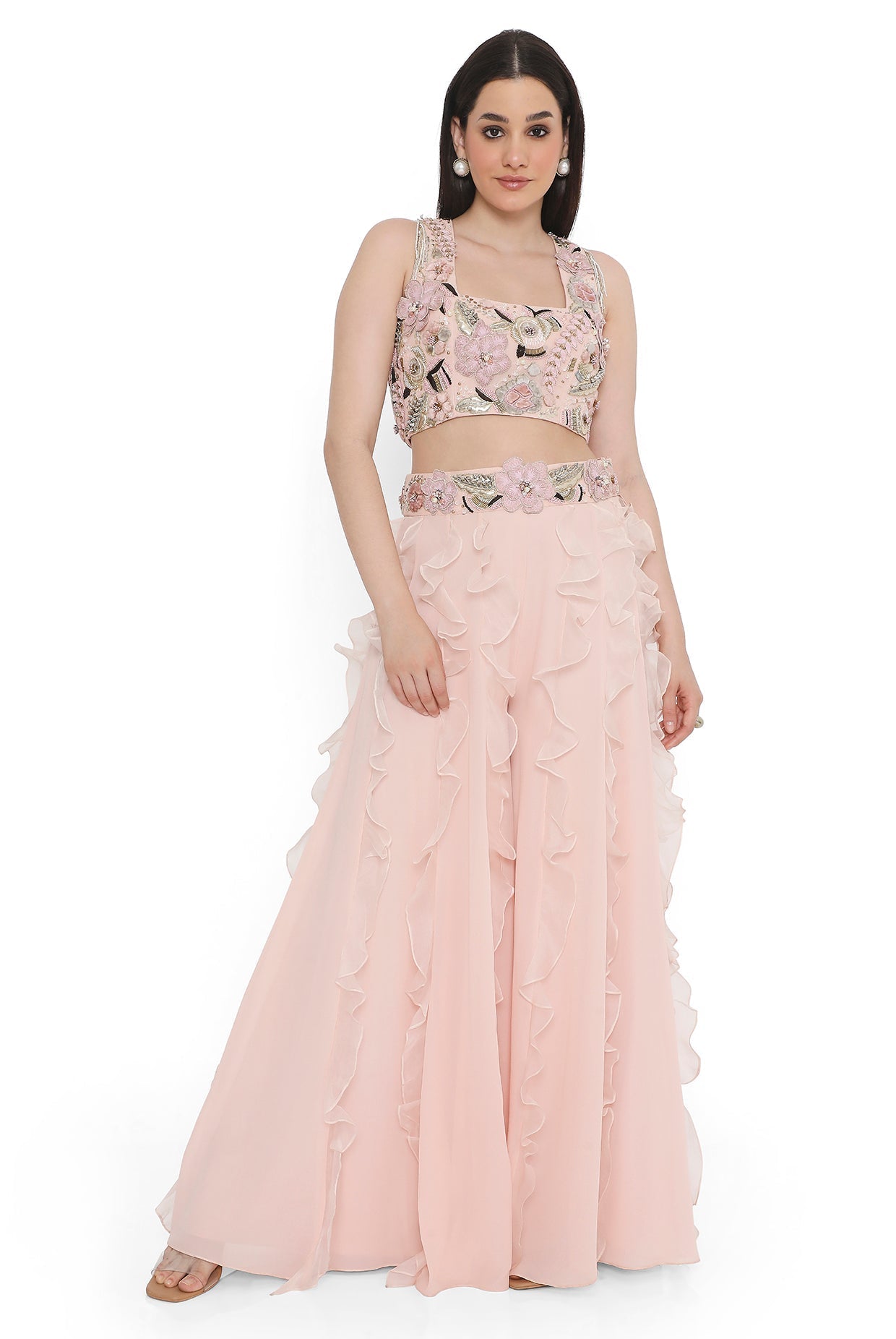 Rose Pink Embroidered Back Tie-Up Choli With Ruffled Sharara