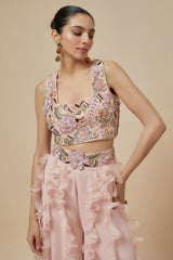 Rose Pink Embroidered Back Tie-Up Choli And Ruffled Sharara