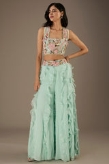 Aqua Embroidered Back Tie-Up Choli And Embroidered Belt Ruffled Sharara