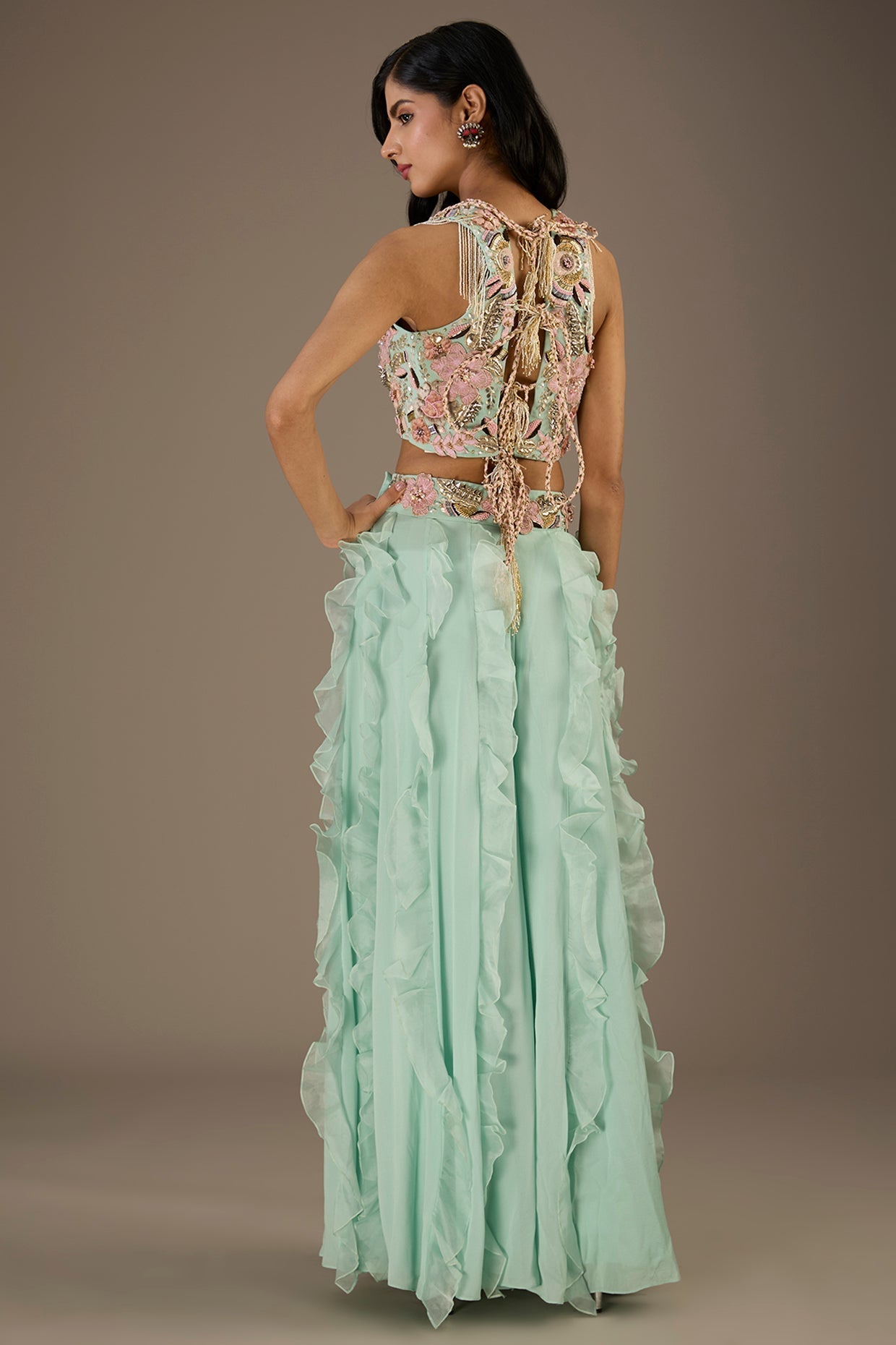 Aqua Embroidered Back Tie-Up Choli And Embroidered Belt Ruffled Sharara