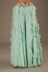 Aqua Embroidered Back Tie-Up Choli And Embroidered Belt Ruffled Sharara