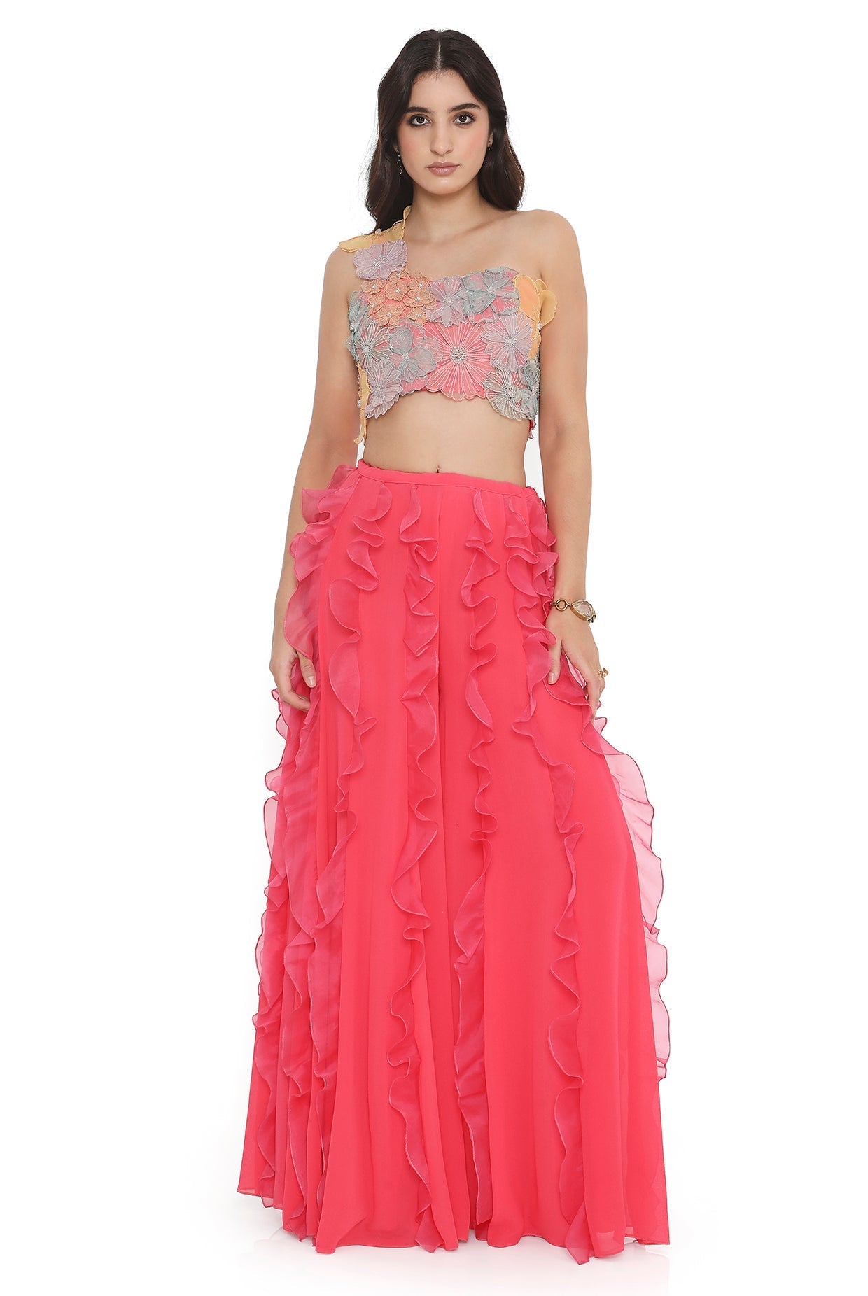 Hot Pink Embroidered Choli With Ruffled Sharara