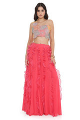 Hot Pink Embroidered Choli With Ruffled Sharara