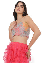 Hot Pink Embroidered Choli With Ruffled Sharara