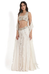 Off-White Embroidered Back Tie-Up Choli And Ruffled Sharara With Dupatta